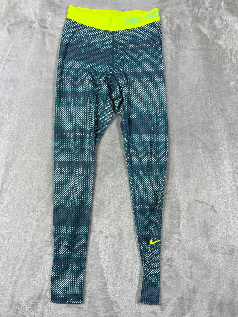 Nike Pro Dri-FIT Teal Print Leggings Neon Waist XS Athletic Running Athleisure